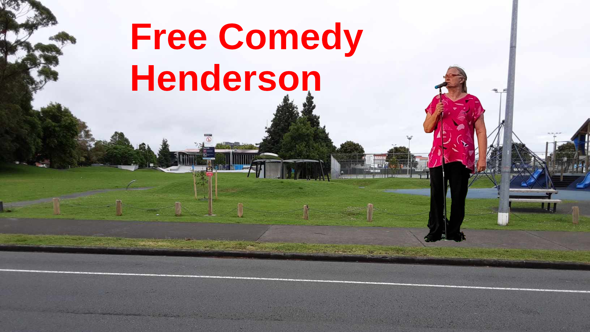 A comedian outside Te Pai Park in Henderson