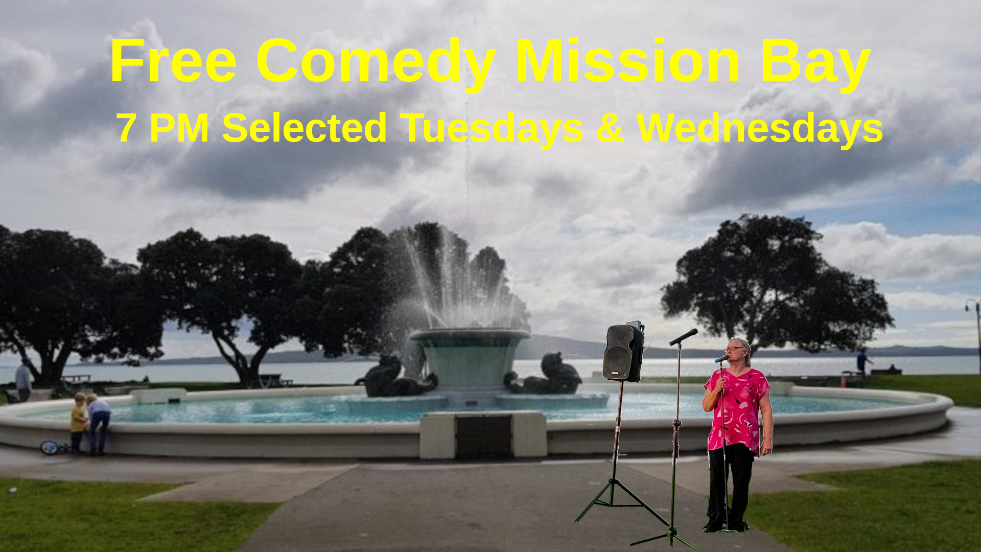 A comedian stands in front of a fountain with a microphone and loudspeaker. Text: Free Comedy Mission Bay 7 PM Selected Tuesdays & Wednesdays